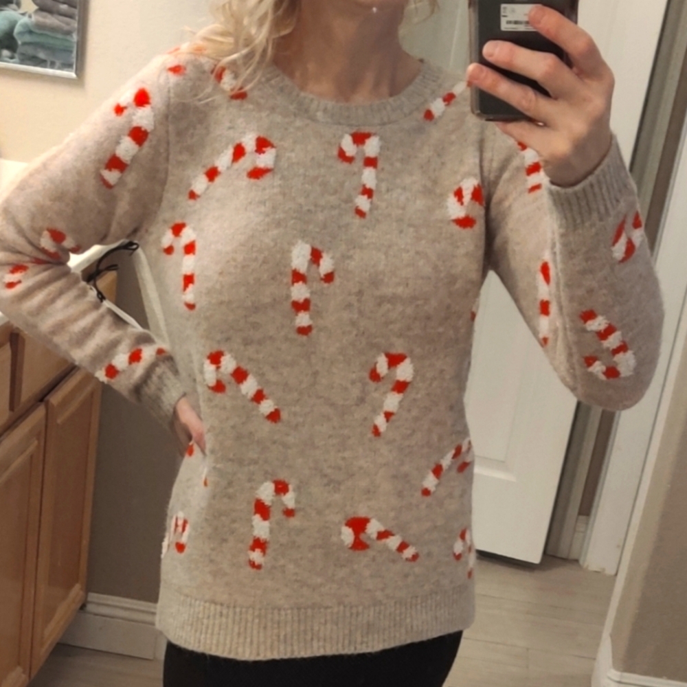 cupcakes & cashmere Tan Sweater with Red and White Candy Cane Pattern. - Picture 2 of 11